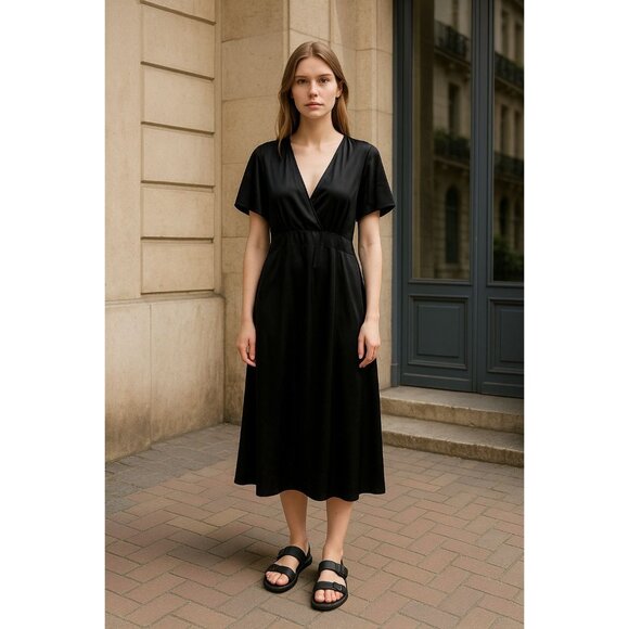 Chelsea28 Dresses & Skirts - Chelsea 28 Black Wrap Midi Dress XXL Satin Short Sleeve Keyhole Back